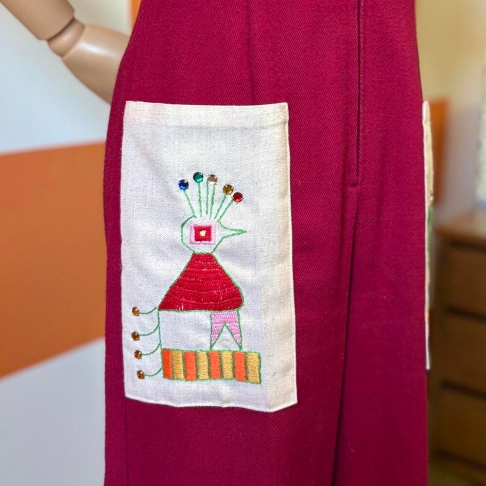 70s Vintage Maroon Beige Southwestern Embroidered Wide Leg Jumpsuit - Picture 5 of 7